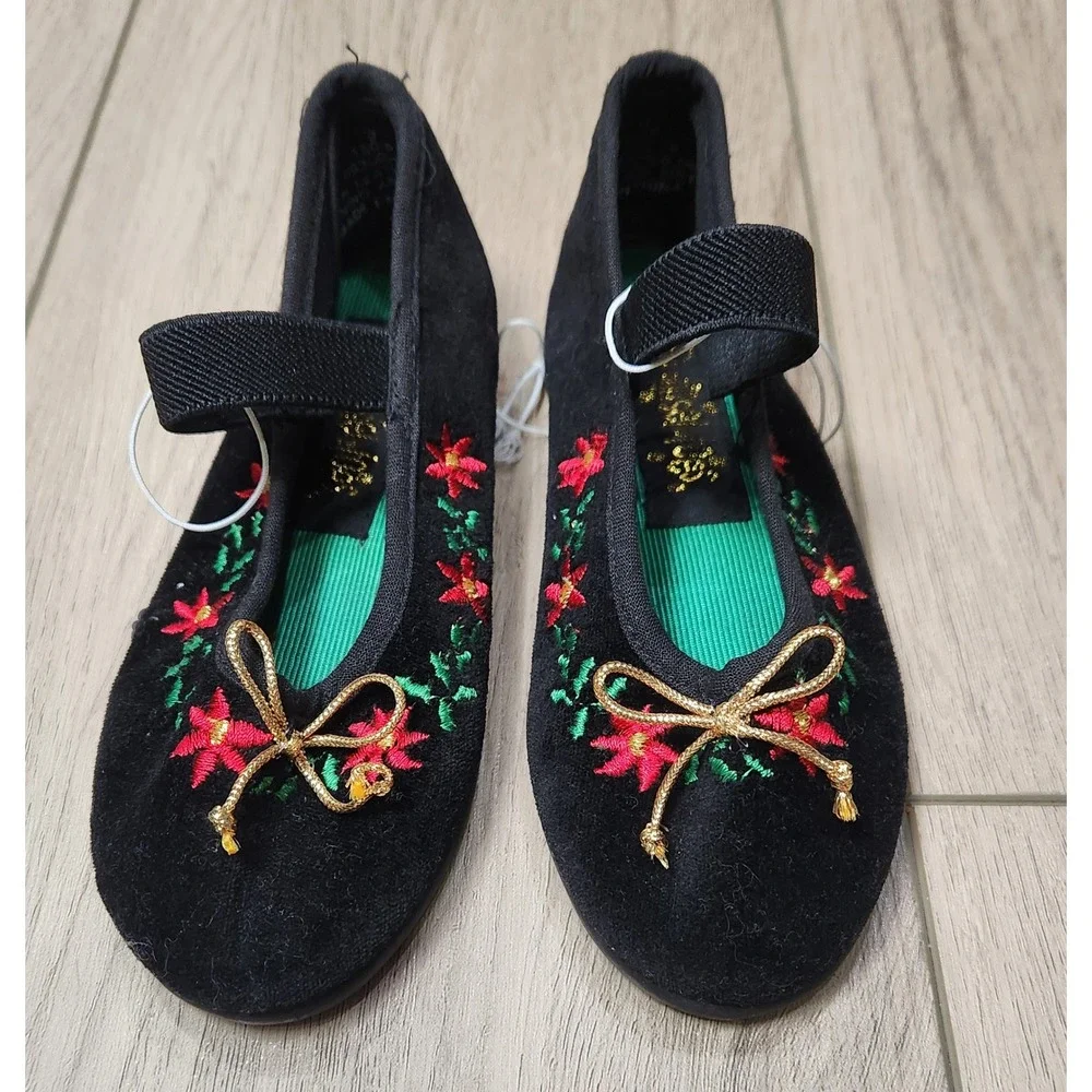 Tinsel Toes Girls Black Velvet Floral Embroidered Mary‎ Jane Flats Size 9 NEW